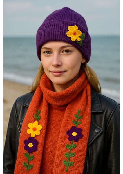 El Örgüsü Çiçek Işleme Kadın Atkı Bere Set fırsatları