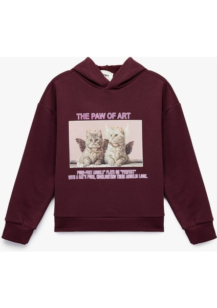 Uzun Kollu Kapşonlu Oversize Baskılı Sweatshirt