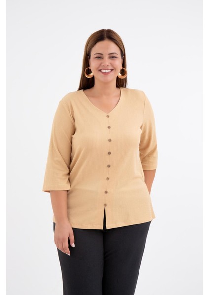Kadın Büyük Beden Düğme Detaylı Truvakar Kol Camel Bluz