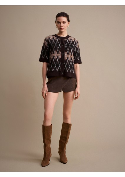 61000 Yün Karışımlı Baklava Desenli Triko Hırka-Acı Kahve