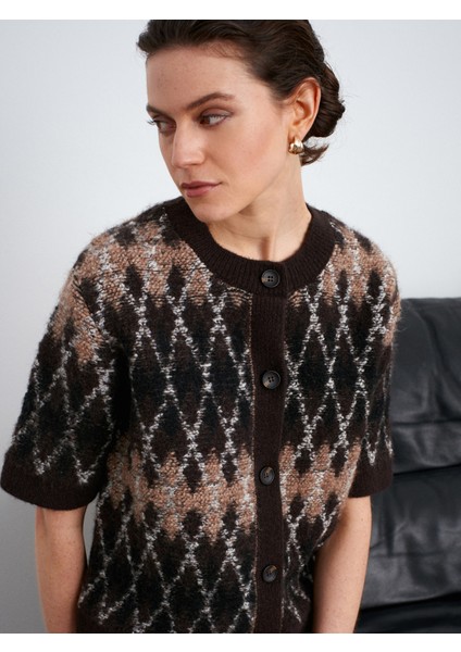 61000 Yün Karışımlı Baklava Desenli Triko Hırka-Acı Kahve fiyatları