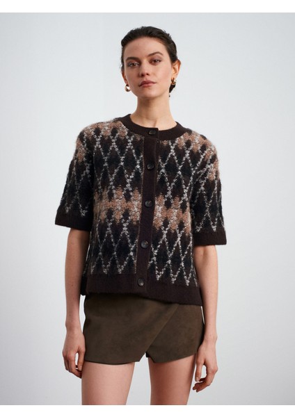 61000 Yün Karışımlı Baklava Desenli Triko Hırka-Acı Kahve modelleri