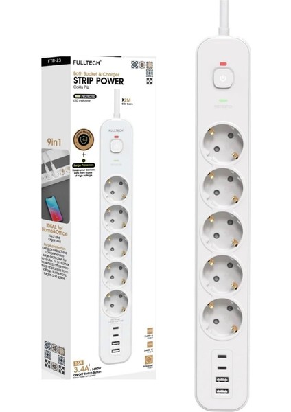Akım Korumalı Priz, 5&apos;li Priz Soketi, 5x Fiş Soketi, 2x USB Girişi, 2x Type-C Girişi, Dayanıklı Yapı, 2 Metre Kablo Uzunluğu, Aşırı Gerilim Koruyucu Çoğaltıcı (16A/3680W) (Beyaz)