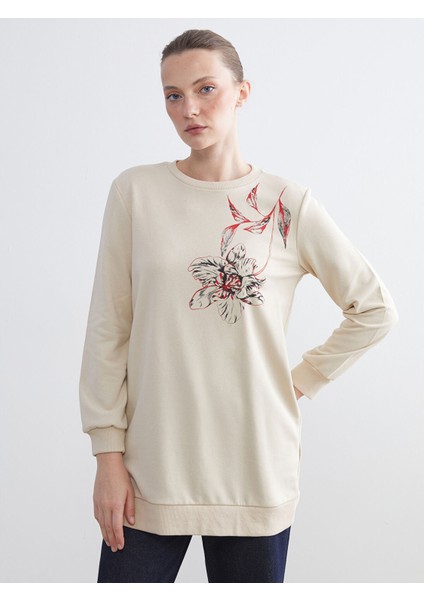 Yeni Sezon Bisiklet Yaka Çiçekli Kadın Sweatshirt Tunik