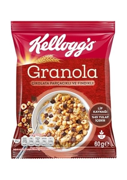 Kellogg&apos;s Granola Çikolata Parçacıklı ve Fındıklı 60 gr X10 Adet,% 45 Yulaf Içerir,lif Kaynağı,%11 Belçika Çikolata Parçaları,antioksidan Içerir,kahvaltılık Gevrek,müsli,atıştırmalık