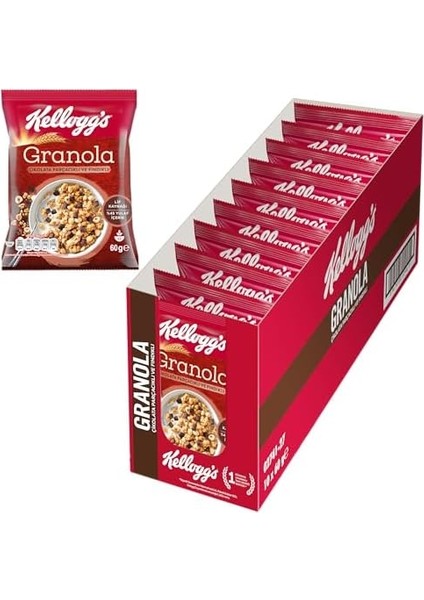 Kellogg&apos;s Granola Çikolata Parçacıklı ve Fındıklı 60 gr X10 Adet,% 45 Yulaf Içerir,lif Kaynağı,%11 Belçika Çikolata Parçaları,antioksidan Içerir,kahvaltılık Gevrek,müsli,atıştırmalık modelleri