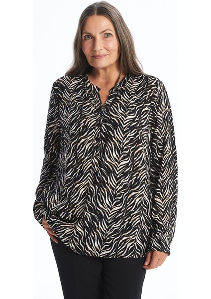 Yeni Sezon Kaçık Yaka Desenli Uzun Kollu Kadın Bluz