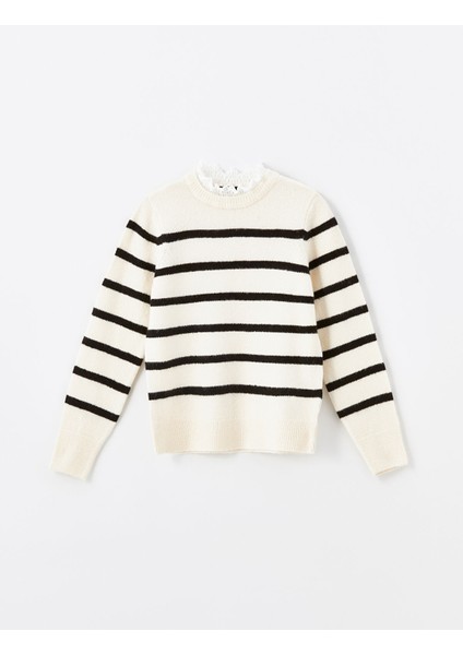 Yeni Sezon Fırfırlı Dik Yaka Çizgili Uzun Kollu Kadın Triko Kazak indirimleri