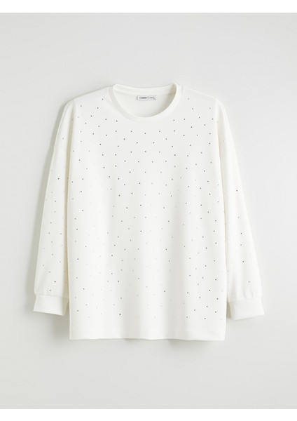 Yeni Sezon Büyük Beden Bisiklet Yaka Taşlı Kadın Sweatshirt