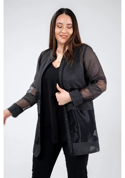 Kadın Büyük Beden Rachel Abiye Bluz Ceket Takım Siyah-Gümüş