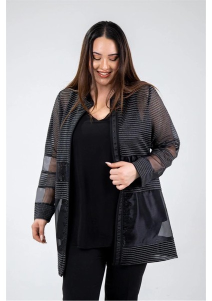 Kadın Büyük Beden Rachel Abiye Bluz Ceket Takım Siyah-Gümüş fırsatları
