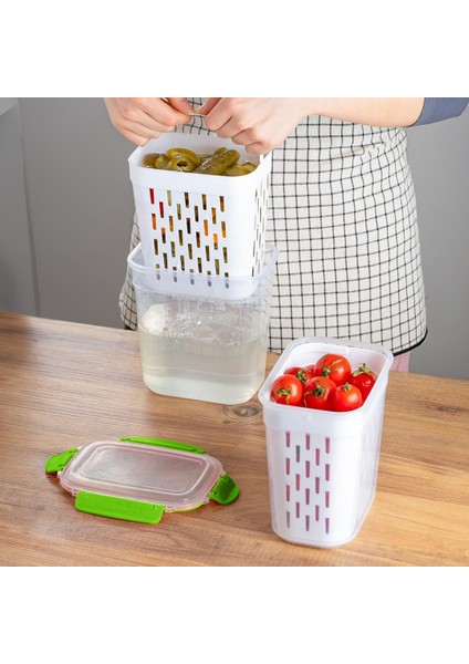1047 2&apos;li Fıstık Yeşili Kilitli Kapaklı Süzgeçli Turşuluk Zeytinlik Çok Amaçlı Dikdörtgen Saklama Kabı 2 L