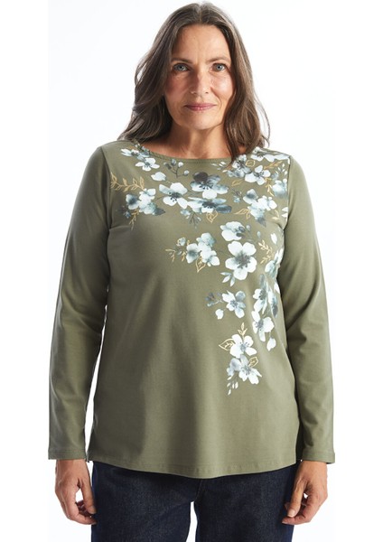 Yeni Sezon Bisiklet Yaka Çiçekli Kadın Tişört