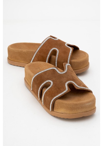 Kadın Kalın Taban Taş Bantlı Terlik Gerçek Süet Deri Zy 8147 Taba fiyatları