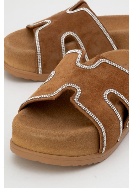 Kadın Kalın Taban Taş Bantlı Terlik Gerçek Süet Deri Zy 8147 Taba modelleri