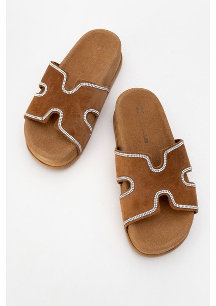 Kadın Kalın Taban Taş Bantlı Terlik Gerçek Süet Deri Zy 8147 Taba indirimleri