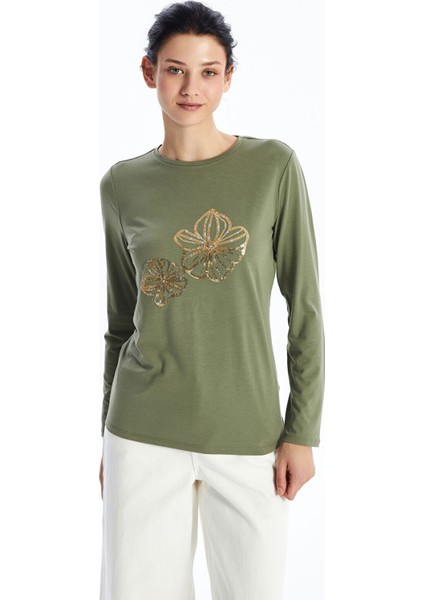 Yeni Sezon Bisiklet Yaka Baskılı Uzun Kollu Kadın Tişört