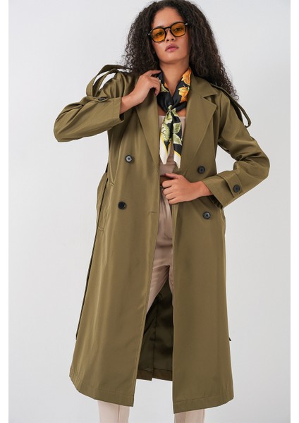5941 Kruvaze Yaka Uzun Trençkot - Haki fırsatları