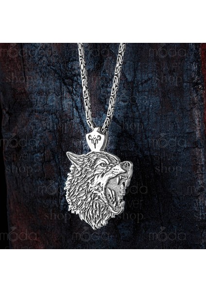 925 Ayar Gümüş Bozkurt Tasarım Kral Zincirli Erkek Kolye