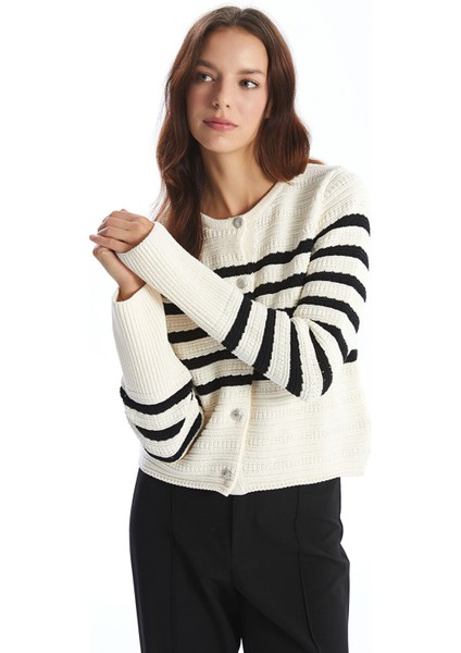 Yeni Sezon Bisiklet Yaka Çizgili Kadın Triko Hırka