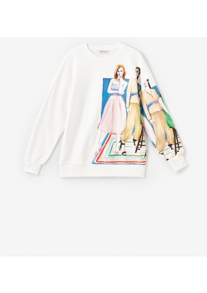 Yeni Sezon Bisiklet Yaka Baskılı Oversize Kadın Sweatshirt indirimleri