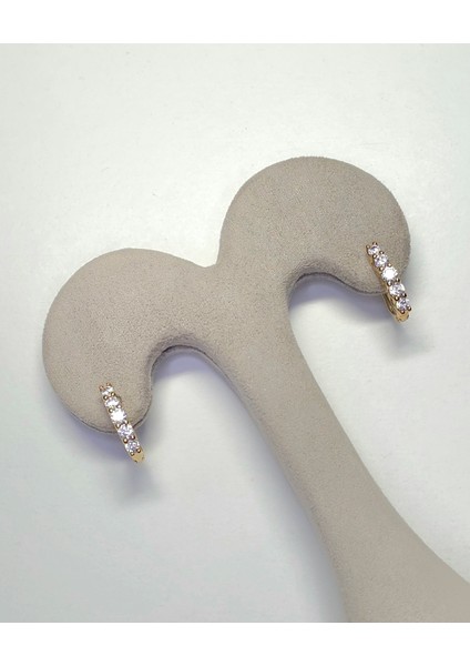 Çelik Zirkon Taşlı Tek Sıra Küpe Gold Renk Beştaş Zarif Halka Küpe