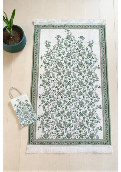 Ipeksi Dokulu Çantalı Kadife Seccade - Lale Desenli, Pratik, Taşınabilir - Yeşil