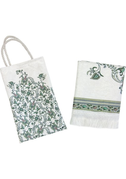 Ipeksi Dokulu Çantalı Kadife Seccade - Lale Desenli, Pratik, Taşınabilir - Yeşil indirimleri