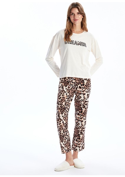 Yeni Sezon Bisiklet Yaka Leopar Desenli Kadın Pijama Takımı