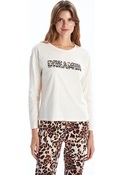 Yeni Sezon Bisiklet Yaka Leopar Desenli Kadın Pijama Takımı fiyatları