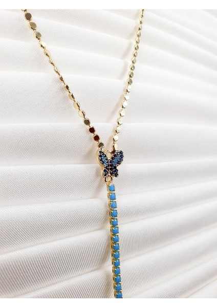 𐦍𐦍 Kelebek Detaylı Turkuaz Taşlı Y Kolye 𐦍𐦍