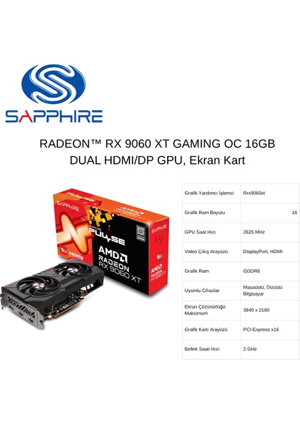 Sapphıre Pulse Amd Radeon™ Rx 9060 Xt Gamıng Oc 16GB Dual Hdmı/dp Gpu, Ekran Kartı
