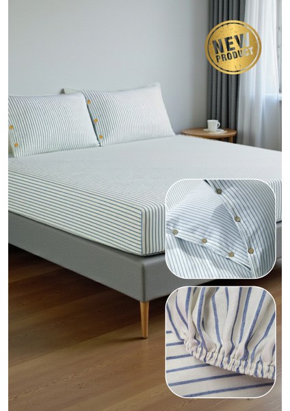 Çift Kişilik Lastikli Çarşaf Seti Düğme Detaylı | Çeyizlik | Hediyelik | Çizgi Desen | Armürlü Dokuma