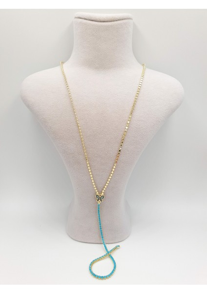 𐦍𐦍 Kelebek Detaylı Turkuaz Taşlı Y Kolye 𐦍𐦍 modelleri