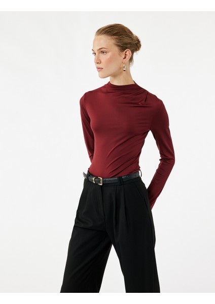 Slim Fit Hafif Dik Yaka Drape Detaylı Uzun Kollu Bodysuit