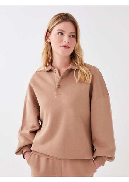Yeni Sezon Polo Yaka Düz Uzun Kollu Kadın Sweatshirt