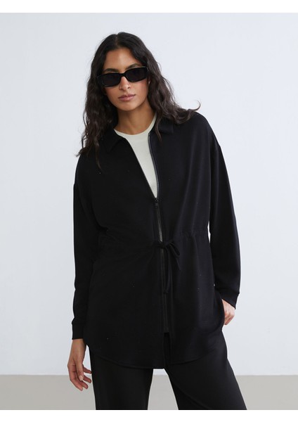 Yeni Sezon Gömlek Yaka Oversize Kadın Fermuarlı Sweatshirt