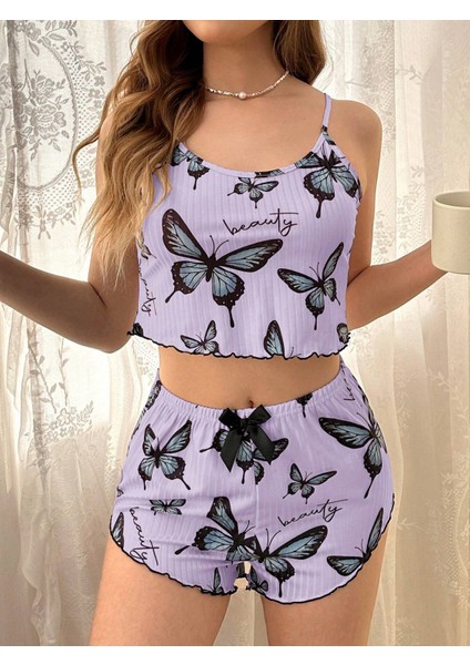 Mor Renk Kelebek Desenli Şortlu Ev Giyim Takımı,kadın Yazlık Askılı Pijama, Rahat ve Şık Ev Giyim modelleri