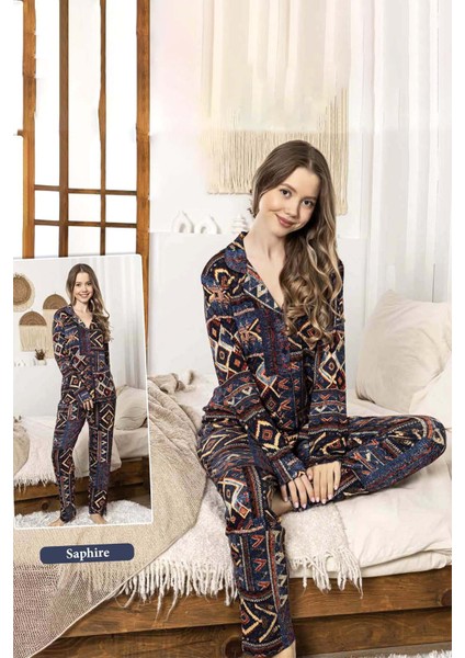 Kadın Kabile Desen Düğmeli Saphire Pijama Takımı 0335 SIYAH02 fiyatları