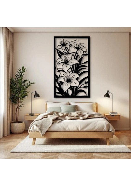 Zambak Bahçesi Metal Tablo – 3D Gölgeli Büyük Duvar Dekoru, Modern ve Zarif Ev Hediyesi