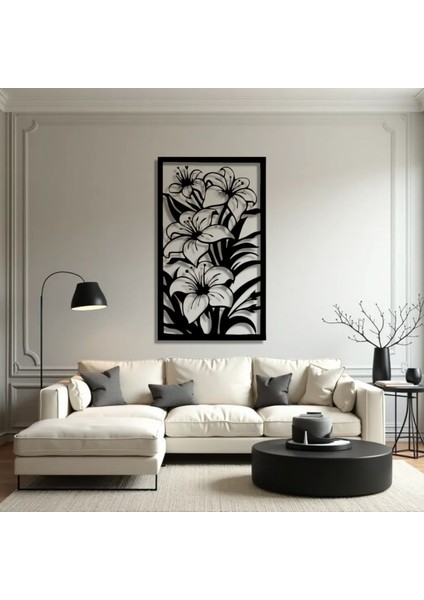 Zambak Bahçesi Metal Tablo – 3D Gölgeli Büyük Duvar Dekoru, Modern ve Zarif Ev Hediyesi