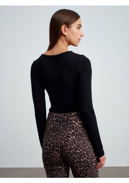 32325 Kayık Yaka Uzun Kollu Top-Siyah modelleri