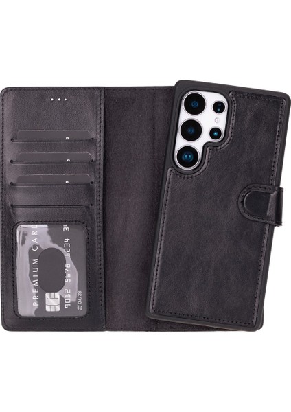 Samsung Galaxy S25 Ultra Uyumlu, Hakiki Deri, El Yapımı, Cüzdanlı Kılıf, Parlak Siyah fiyatları