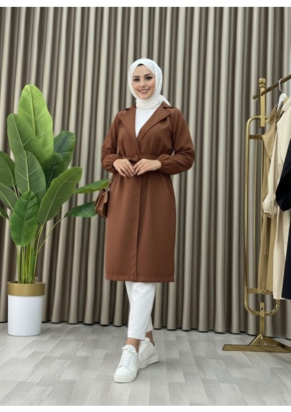 Bondit Kumaş Cepli Kuşaklı Kadın Trençkot indirimleri