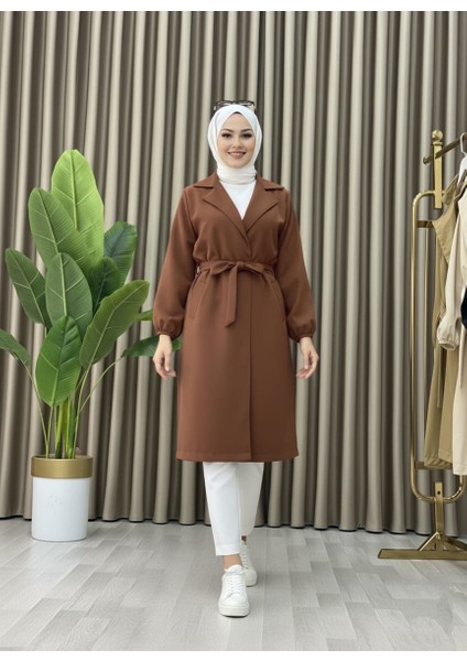 Bondit Kumaş Cepli Kuşaklı Kadın Trençkot