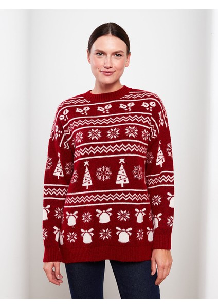 Yeni Sezon Bisiklet Yaka Yılbaşı Temalı Uzun Kollu Kadın Triko Kazak