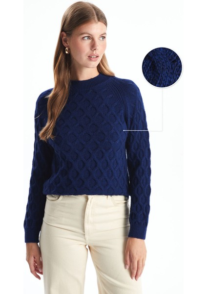 Yeni Sezon Bisiklet Yaka Kendinden Desenli Uzun Kollu Kadın Triko Kazak