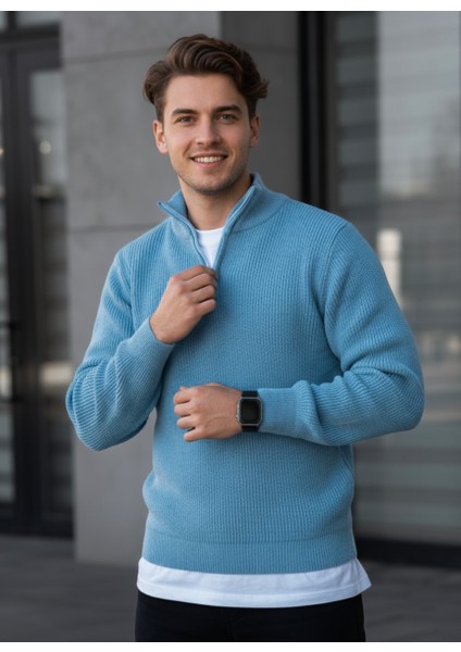 Mavi Yarım Fermuar Kalın Triko Kazak