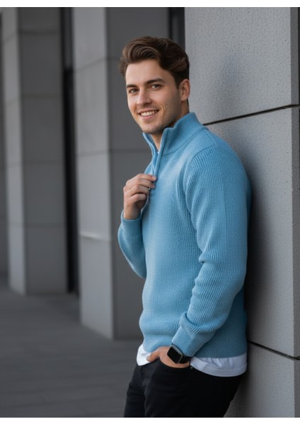 Mavi Yarım Fermuar Kalın Triko Kazak fiyatları