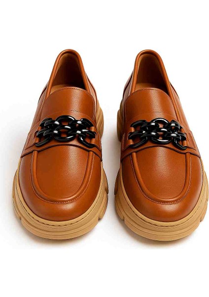 Kadın Taba Zincir Detaylı Kalın Taban Loafer Hakiki Deri Kadın Ayakkabı